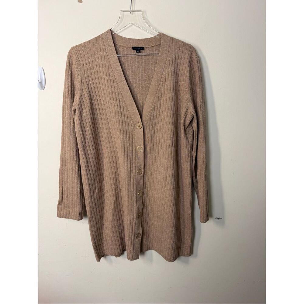 Talbots Gold Shimmer Ribbed Cardigan Sweater Women’s Large Metallic Button Front